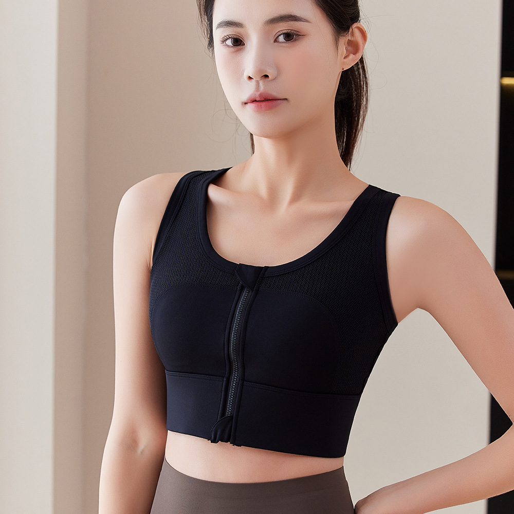 Mesh front zipper high-strength shockproof sports bra integrated chest pad seamless yoga vest push-up bra