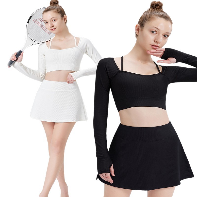 Cross-border new fake two-piece golf tennis skirt women's anti-exposure high elastic beauty stripe running sports skirt